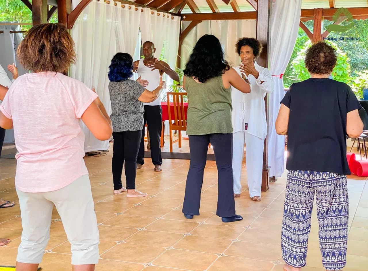 Groupe pratiquant le Qi Gong dans le carbet de l'institut, un samedi matin